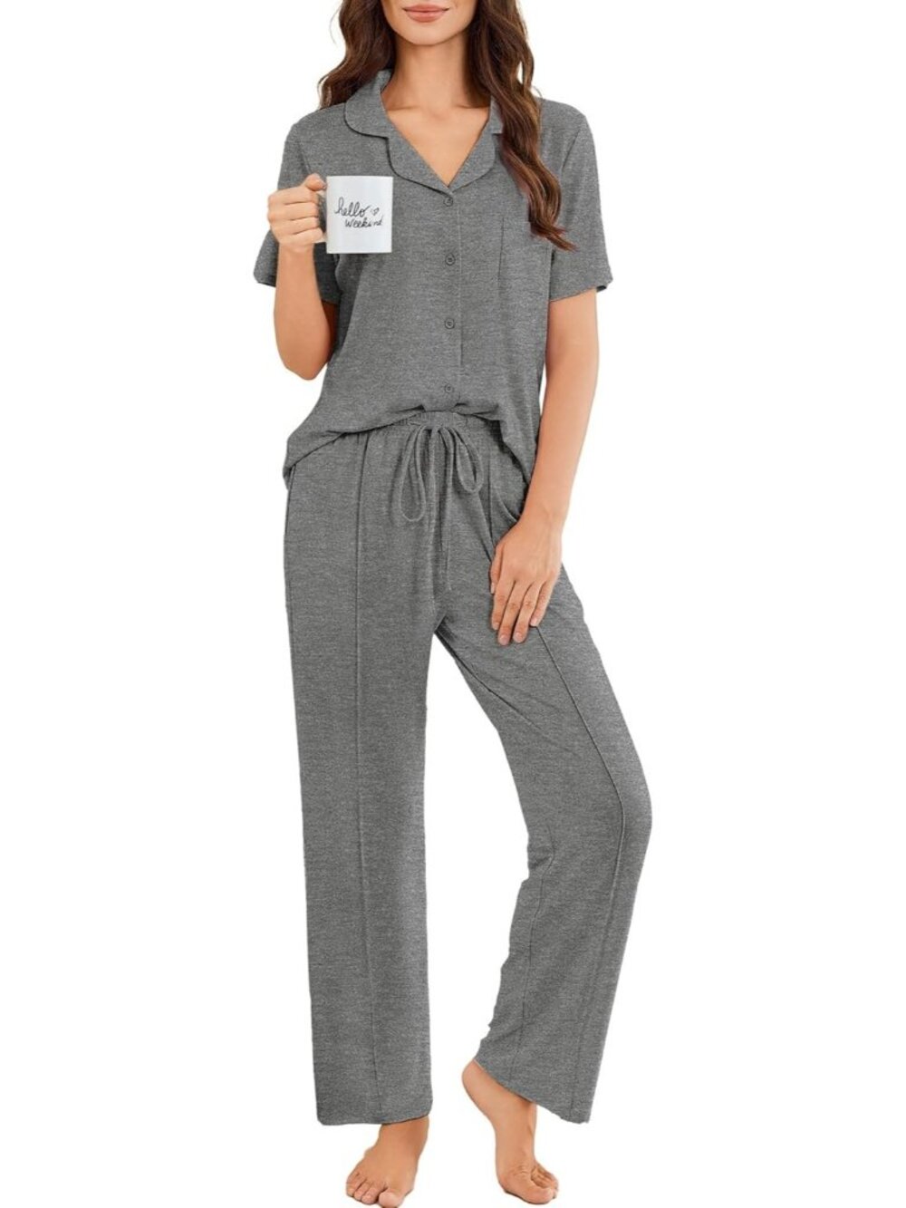 Women Dark Gray Button Up Short Sleeve Shirt Sleepwear Pajamas Set